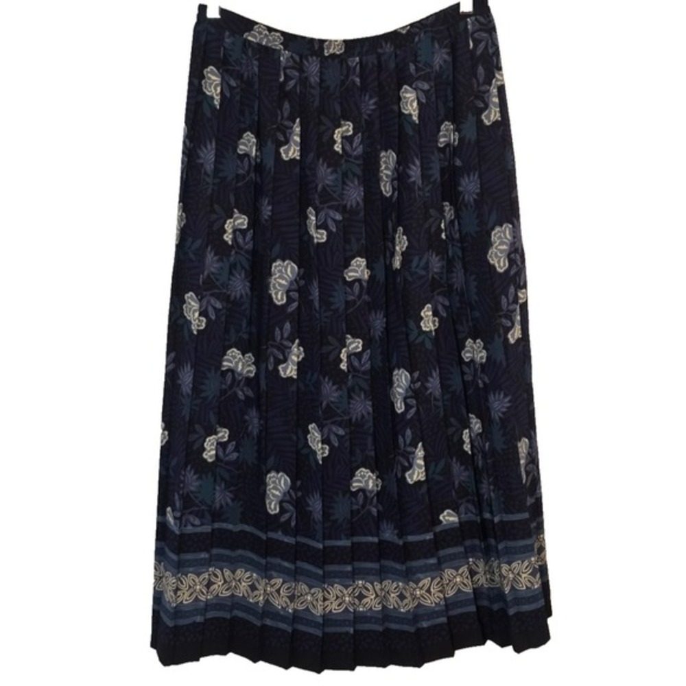 Leslie Fay Pleated Skirt Blue Teal Floral Elastic Waist Band‎ Size 14